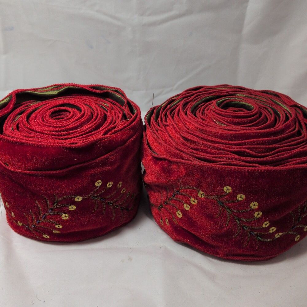 Luxury Red Velvet Wired Ribbon Lot Beaded Sequin Embroidered 26 Yds